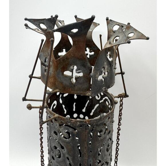 Vintage Punched Tin Hanging Lantern Brutalist Medieval Rustic 9.5" Chain Metal - Picture 4 of 16